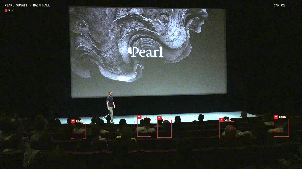 Auditorium audience in silhouette, backs to the camera, with four unidentified attendees boxed in red and marked with question marks